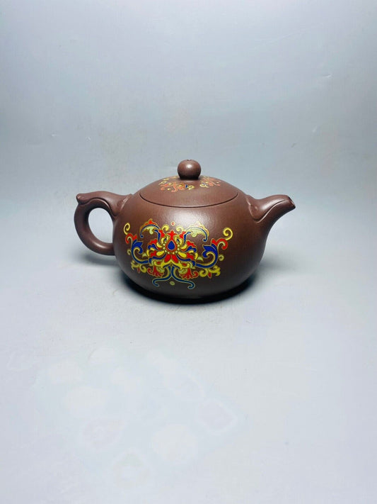 l-0Chinese Yixing Zisha Clay Handmade Exquisite Teapot (如意彩绘 底款:崔聖耀)