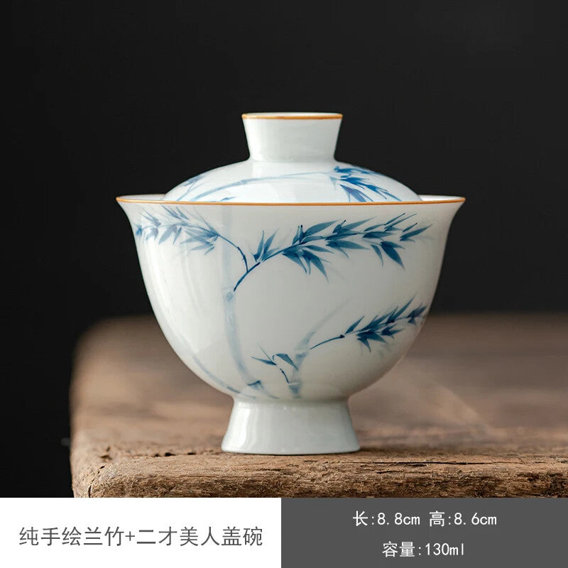 Pure hand-painted Bamboo Foot Cover Bowl Teacup Chinese Thin Embryo Ceramic