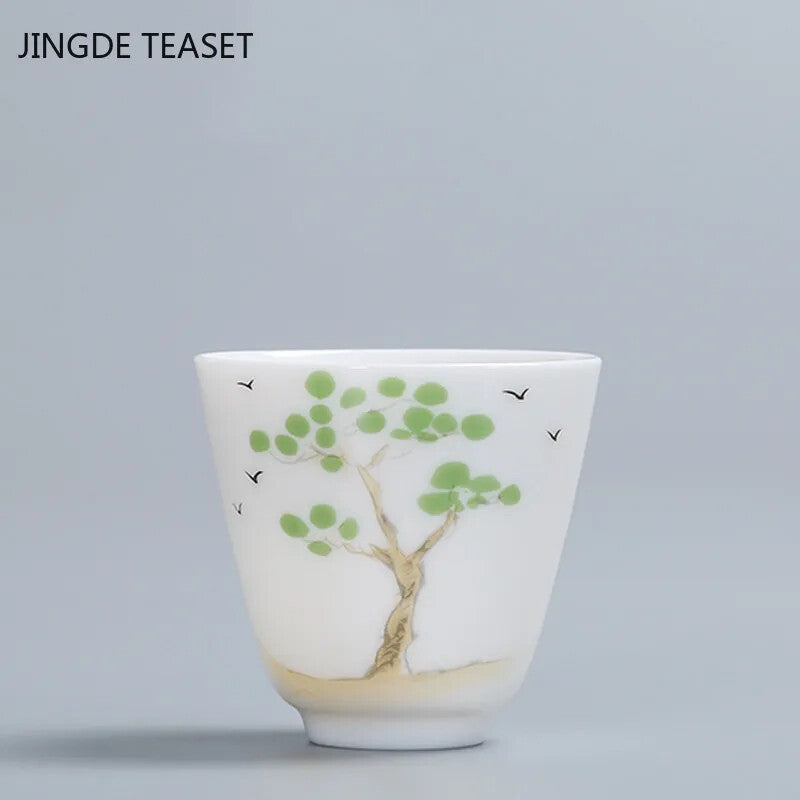 Chinese White porcelain Teacup Hand painted flowers Ceramic Tea Bowl Handmade