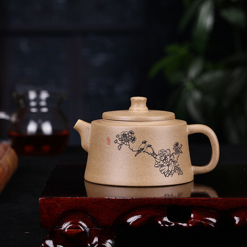 4.9" Collect Chinese Yixing Zisha Pottery Green Ash Mud 245ML Flower Bird Teapot