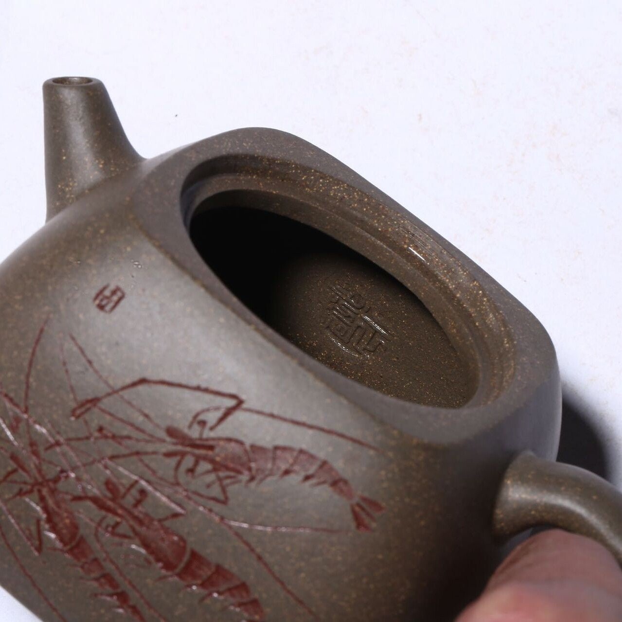 Full Handmade Tea Pot Marked Hand Carved Shrimp Yixing Zisha Xiekeqing Clay Pot