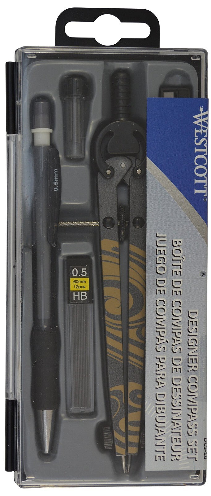Westcott Designer Compass Set with Mechanical Pencil, Eraser, Sharpener, Leads