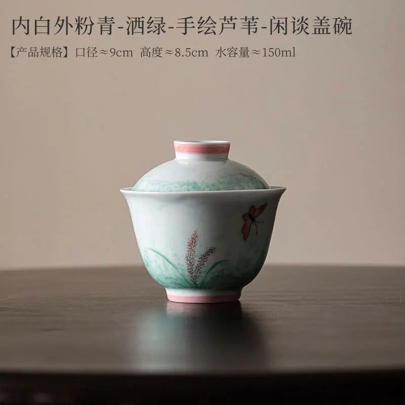 150ml Pure Hand-painted Reed Ceramic Gaiwan Tea Bowl Saucer Lid Kit Tea Tureen