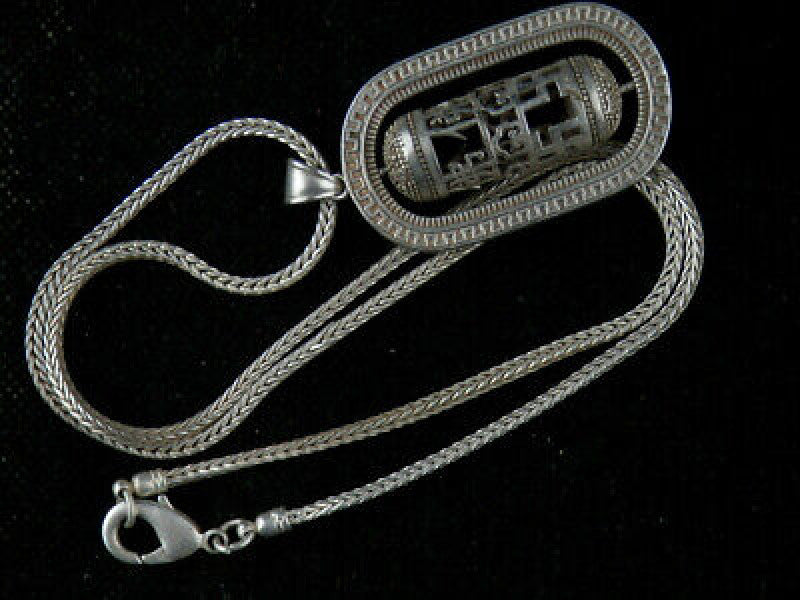 Tibetan Silver Necklace W/Amulet *4Swastikas* 佛 Hollowing Pendant