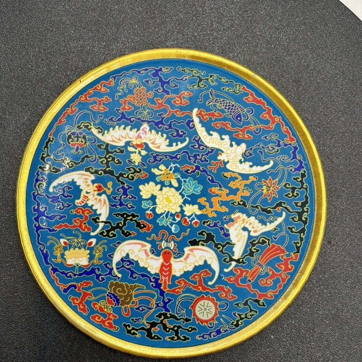 2pcs Vintage Qianlong Enamel Teacup Coaster 7.7cm Brass Collectible