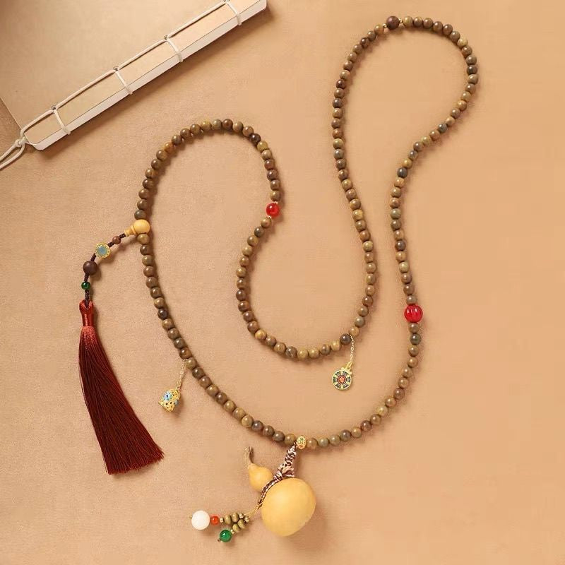 New Chinese Gourd Green Sandalwood Beaded Necklace Phone Crossbody Chain Women