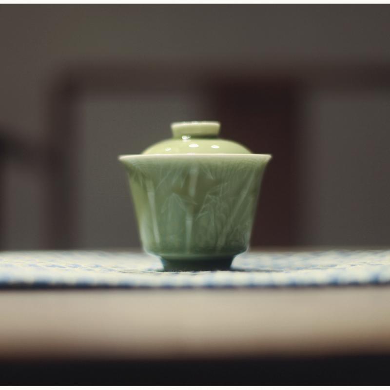 Boutique Handmade Gaiwan Porcelain Tea Cup Bamboo Relief Celadon Tureen 100ml