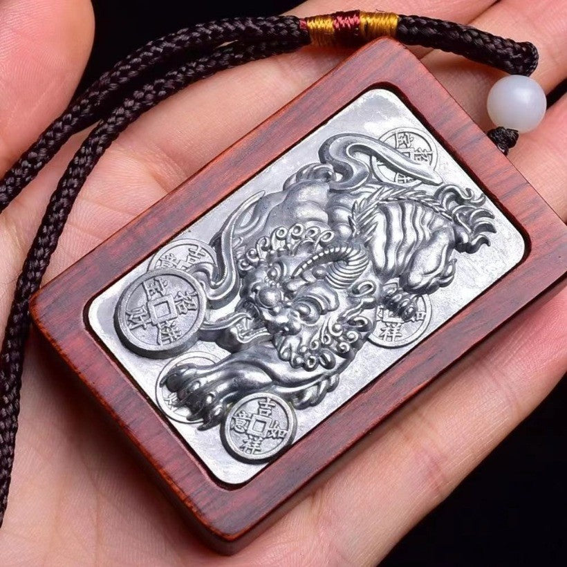 Indonesian Rosewood Inlaid Pixiu Pendant 2.36*1.57in Amulet