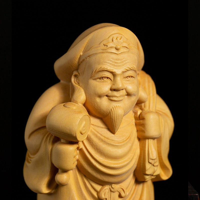 10CM Tall Daikokuten Boxwood Sculpture God of Wealth Wood Carving Statue