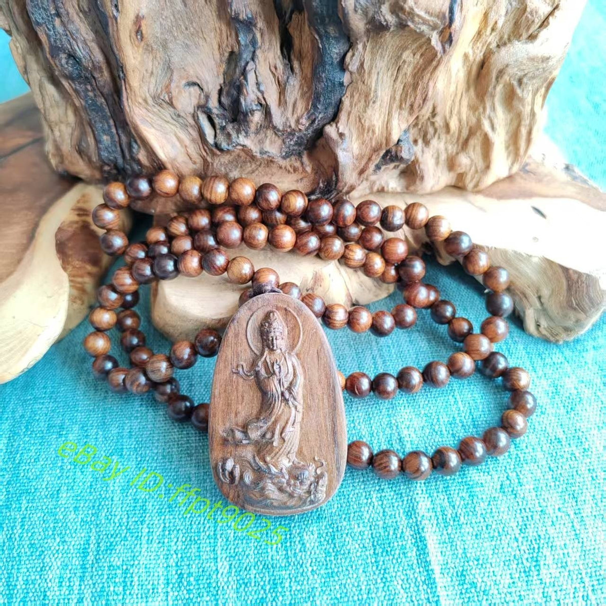 108 Natural Wood Prayer Beads Necklace Guanyin Carving Pendant Blessing Jewelry