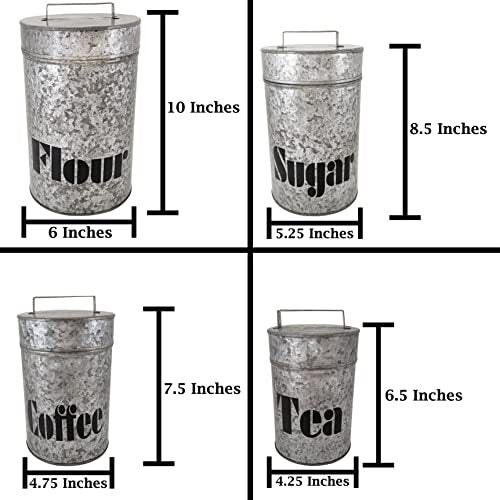 4 Set Galvanized Metal Kitchen Storage Canisters w\ Lids-Labeled w\ diff labels