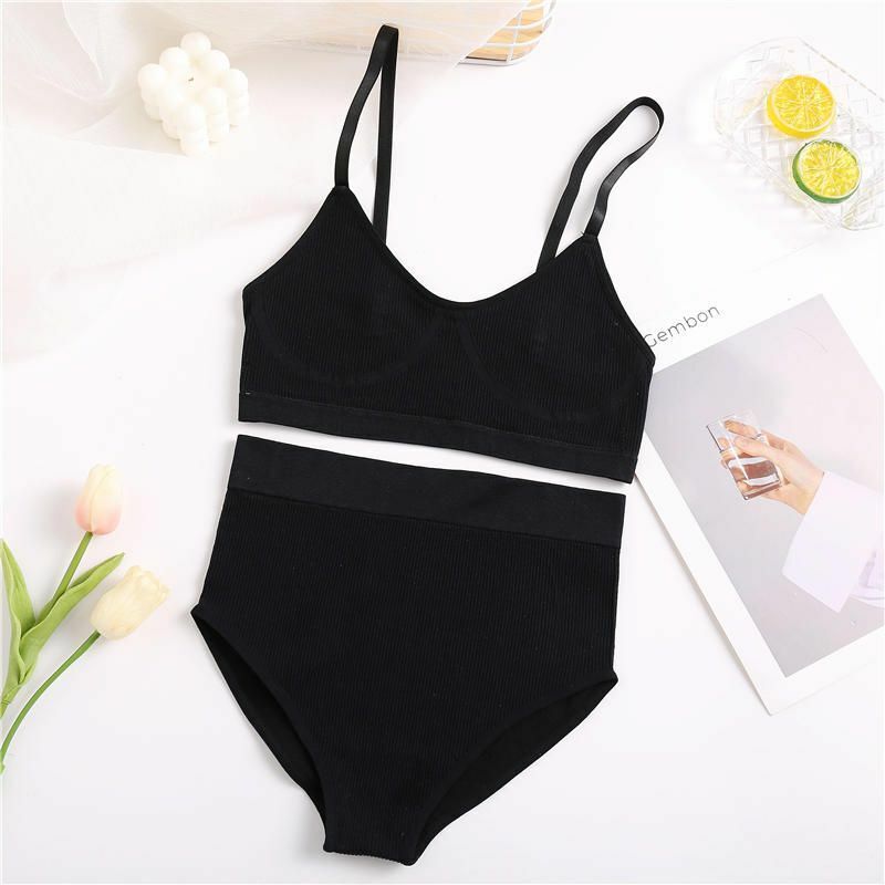Womens Underwear Bra Set Sexy Bralette Lingerie Ribbed Brassiere Basic Stretchy