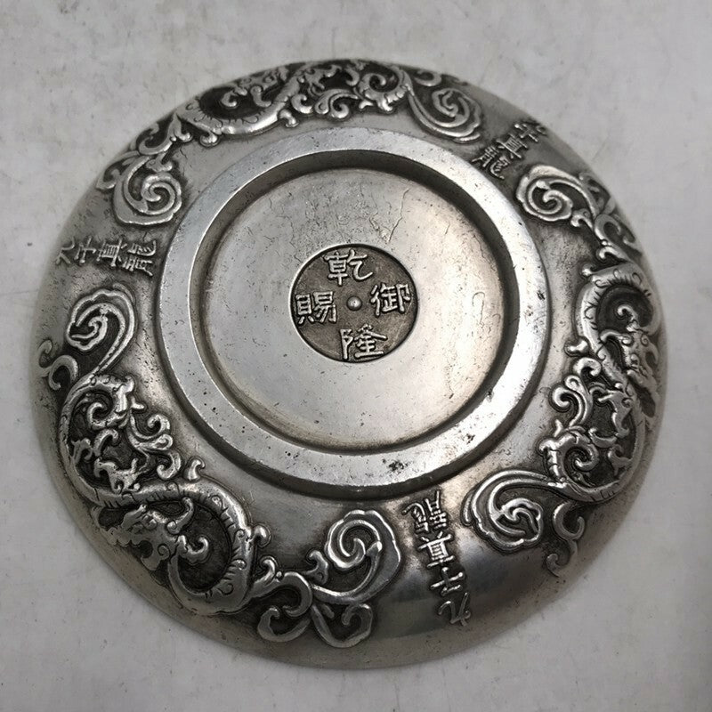 Exquisite Chinese tibet silver handcarved double Dragon plate decoration