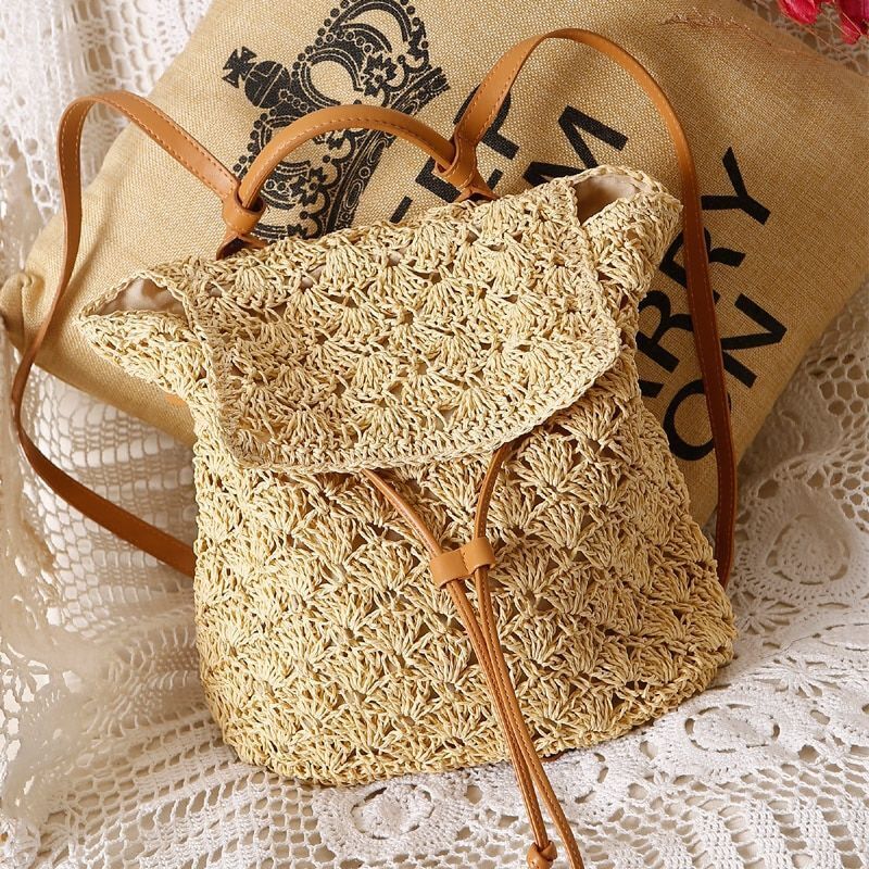 Backpack Straw Beach Bag Hollow Out Women Luxury Polyester 20L Softback Leisure