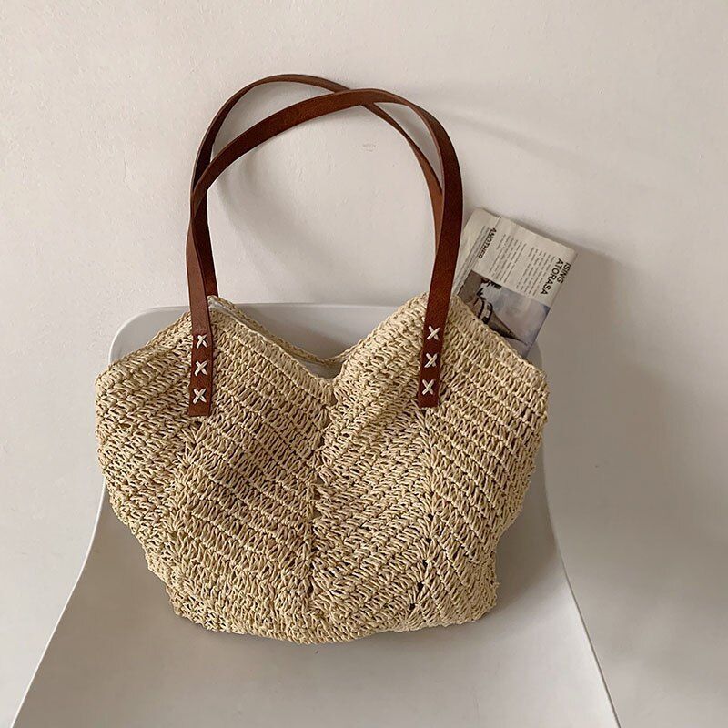 Large Straw Tote Bag Hollow Woven Shoulder Bags Summer Beach Handbag Traveling