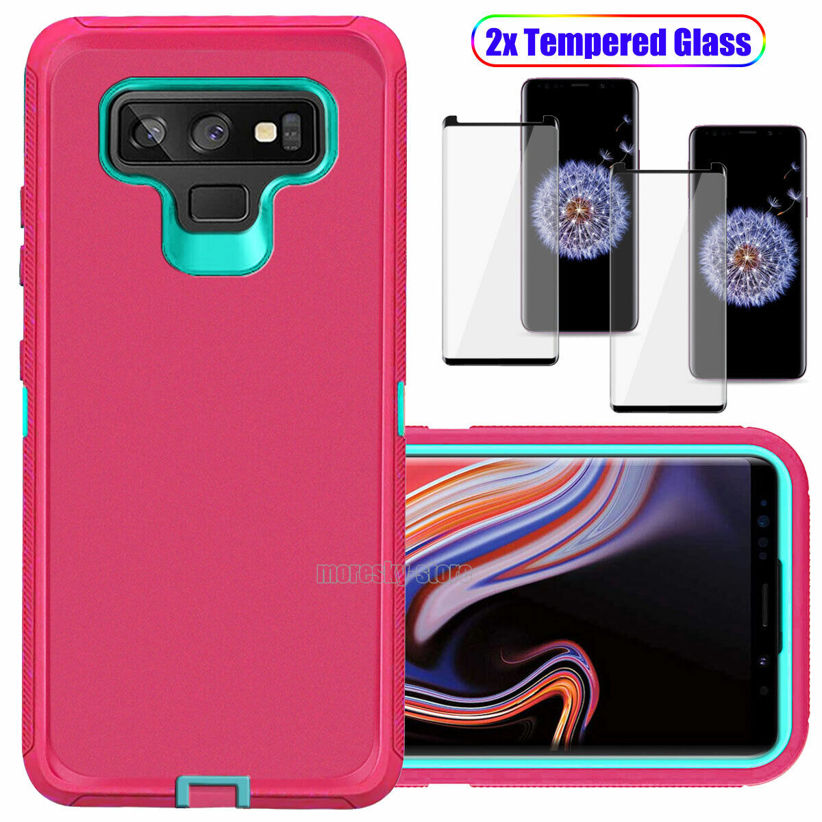 For Samsung Galaxy Note 9 Hard Heavy Duty Case Cover, Tempered Glass Protector