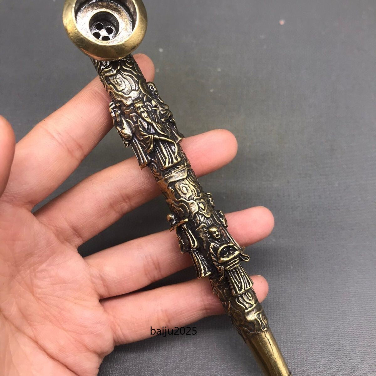 chinese antique old copper hand carved Eight immortals statue pipe smoking tool