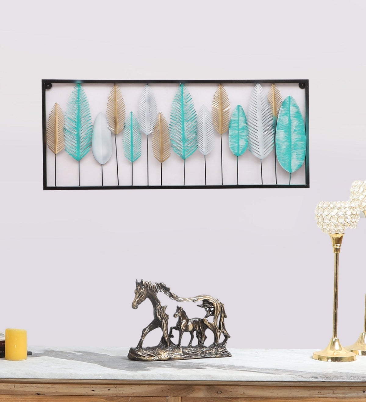 3-Foot Turquoise, Gold, & White Leaves Hanging Metal 3D Wall Decoration, 36"×15"
