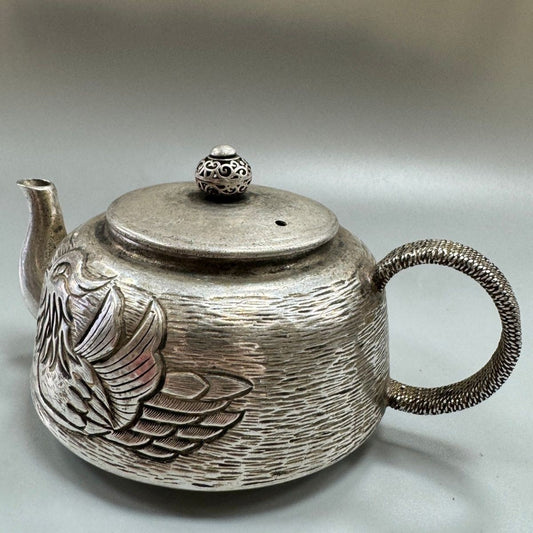 Silver Plated Copper Teapot Mandarin Duck Pattern Vintage Handcrafted Tea Decor