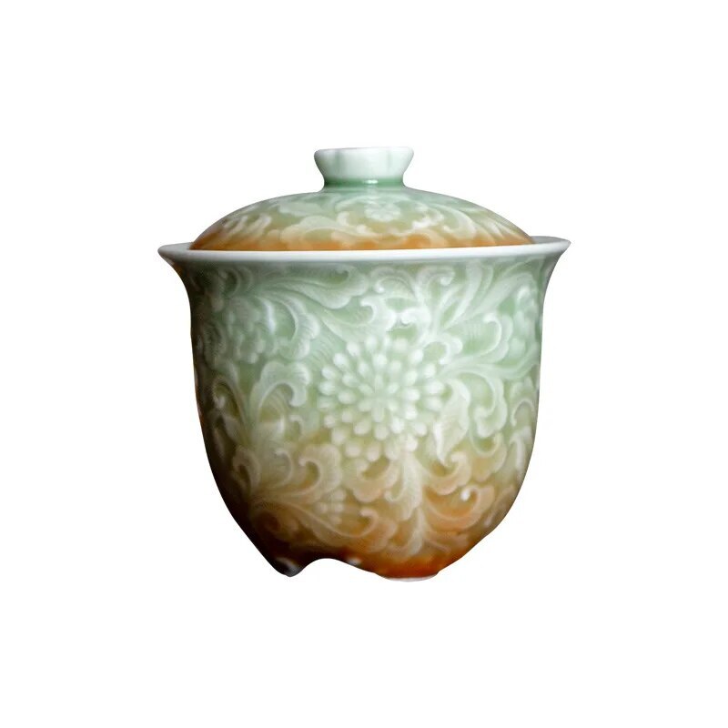 Celadon Carved Relief Gaiwan Ceramic Chinese Tea Bowl Vintage Tea Cup Household