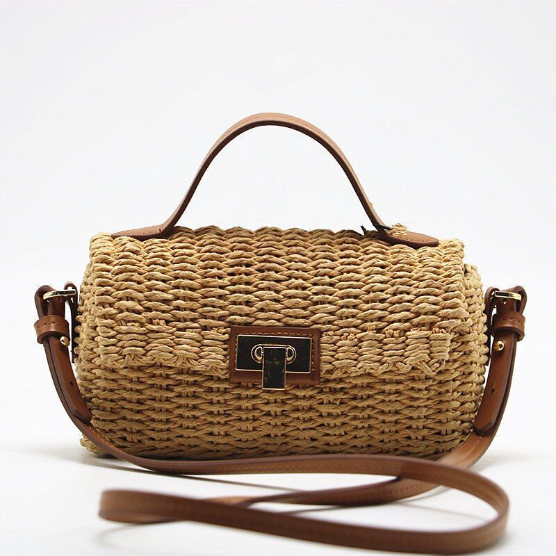 Handmade Shoulder Bag Summer Straw Beach Purse Bohemian Fashion Square Flap Lock