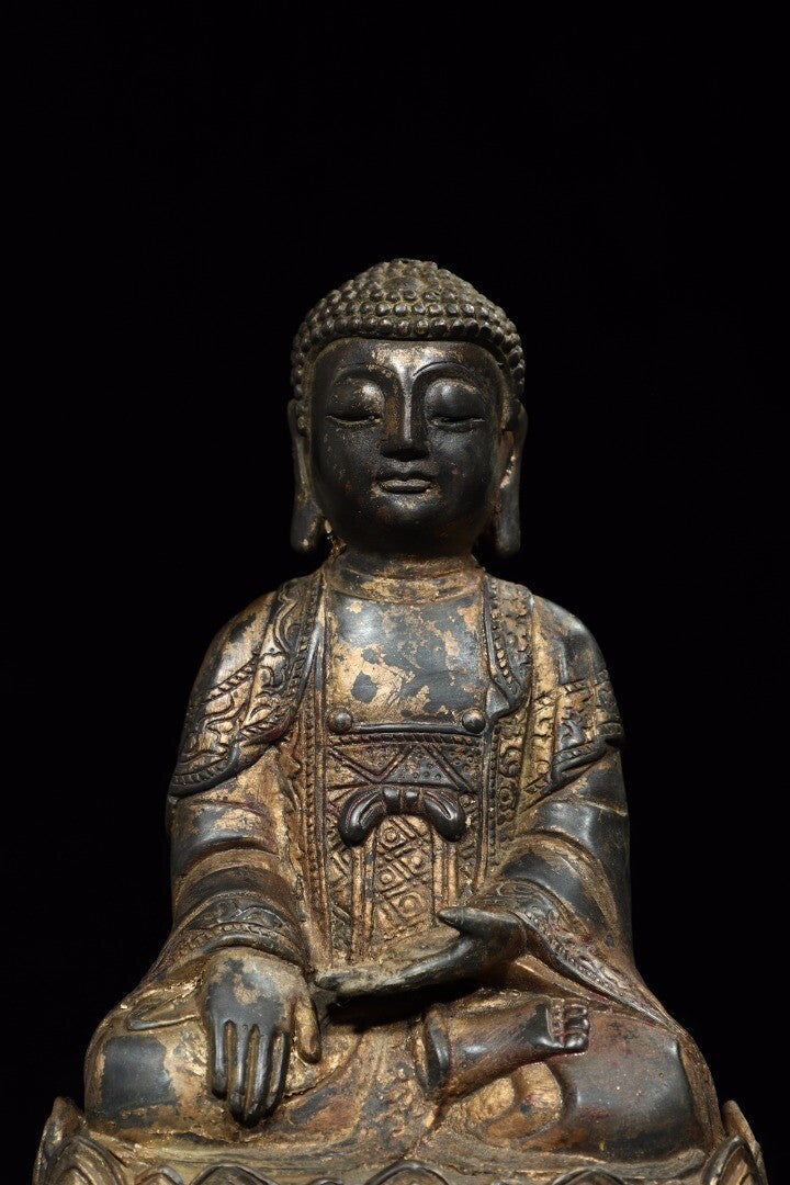 10" Old Antique Tibet Tibetan Buddhism Temple Bronze Gilt Amitabha Buddha Statue
