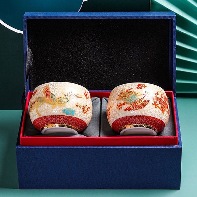 Chinese Style Sheep Fat Jade Porcelain Tea Cup Tea Set Dragon Phoenix Cup