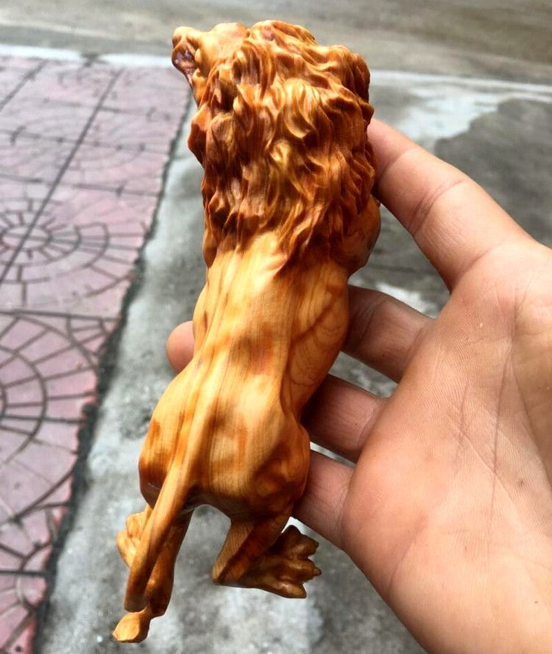 Cypress Wood Carved Male Lion Statue Animal Art Sculpture Table Decor