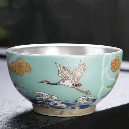 Ceramic Tea Cup Sterling Silver Master Cup Crane Print Chinese Kungfu Cup Of Tea