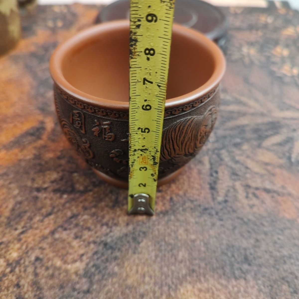 Yixing Zisha Zhuni Teacup 2.95in 150cc Hand Carved Five Tigers Relief