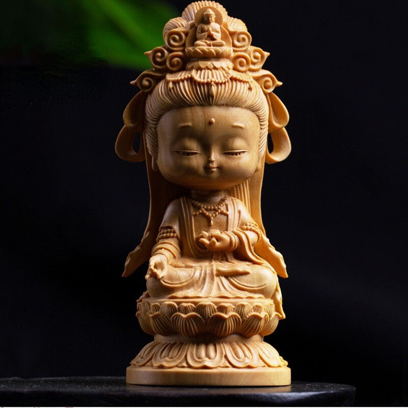 New Woodcarving Guanyin Cartoon Statue Hand Carving Solid Wood Buddhist Statue