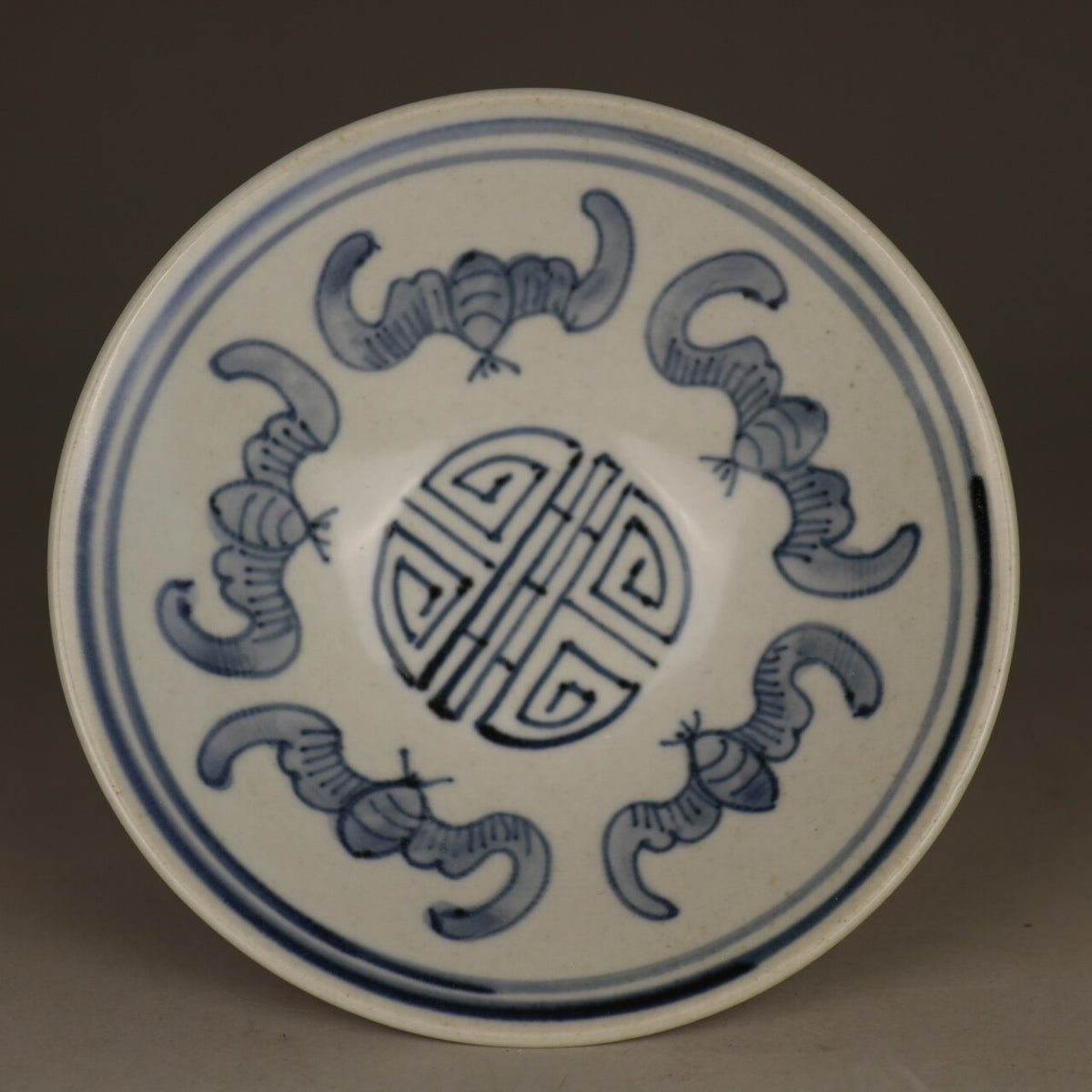 4.9" Chinese Qing Bluewhite Porcelain Animal Bat Longevity Grain High Foot Plate