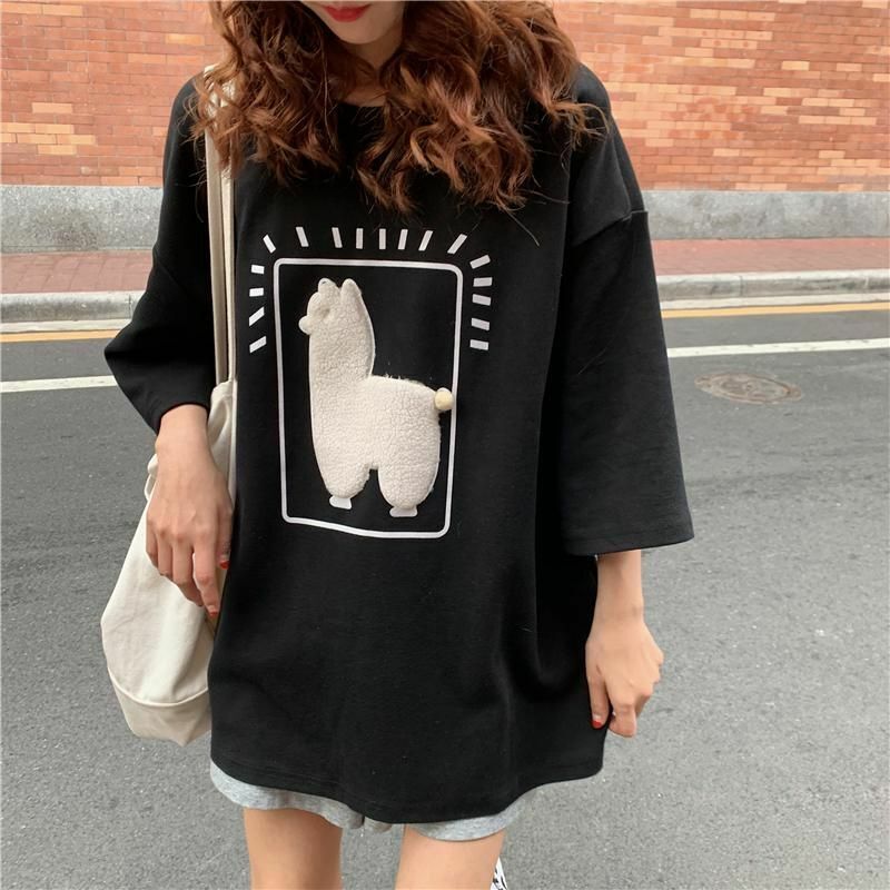 Women T-shirts Printed Casual Loose Oversize Short Sleeve Tops Knitted Cotton