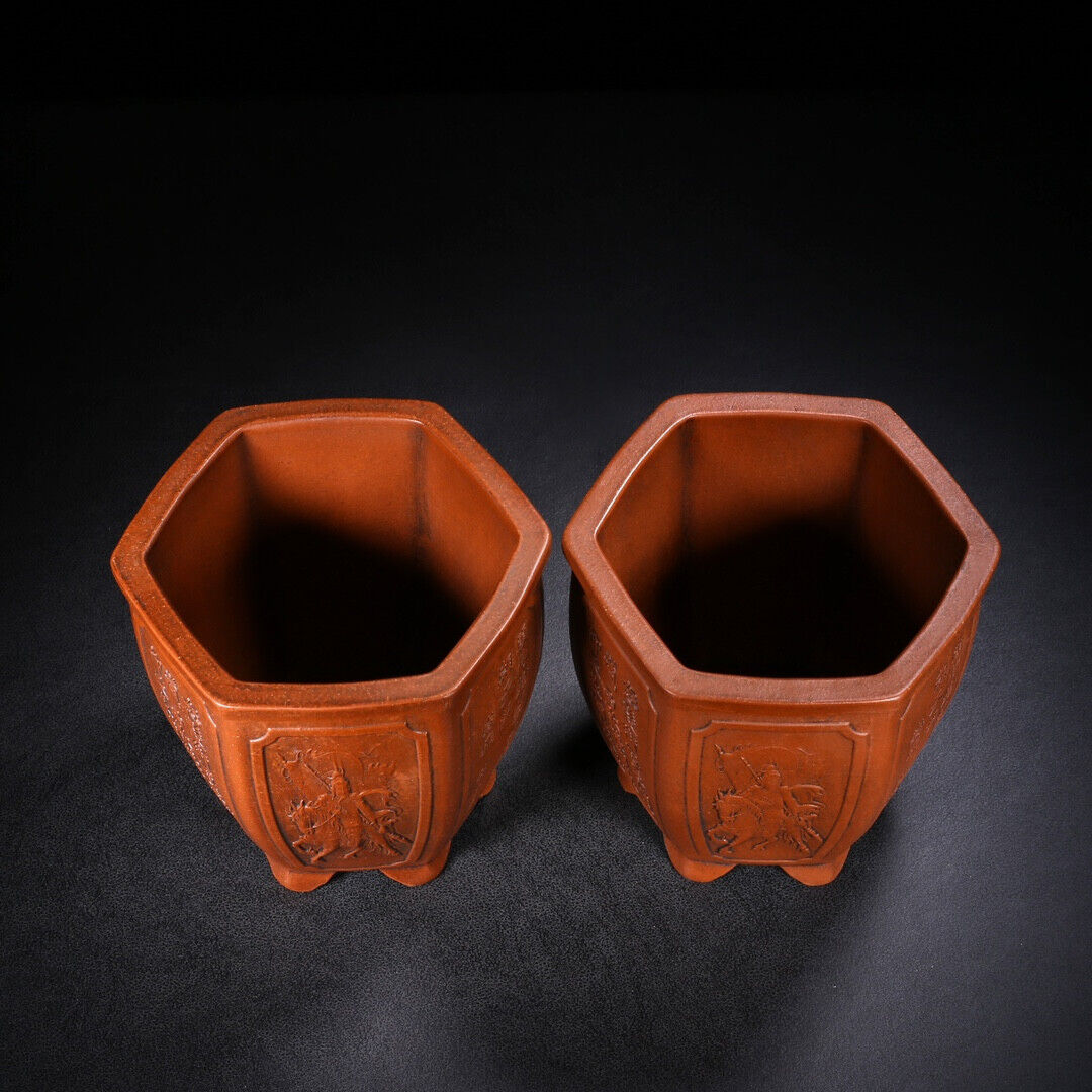 Chinese Yixing Zisha Clay Handmade Exquisite flowerpot (a pair)(花盆(一对) 底款:铁画轩)
