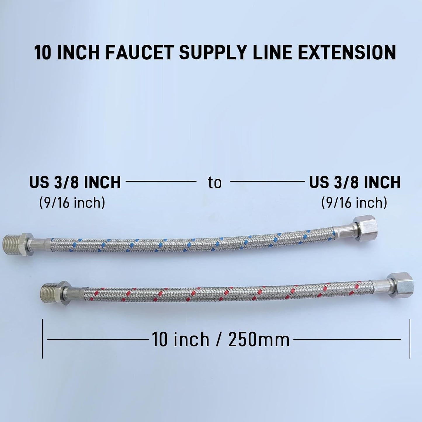 Faucet Water Supply Lines Extension, 10 Inch, 2-Pack 3/8" Male to Female Faucet