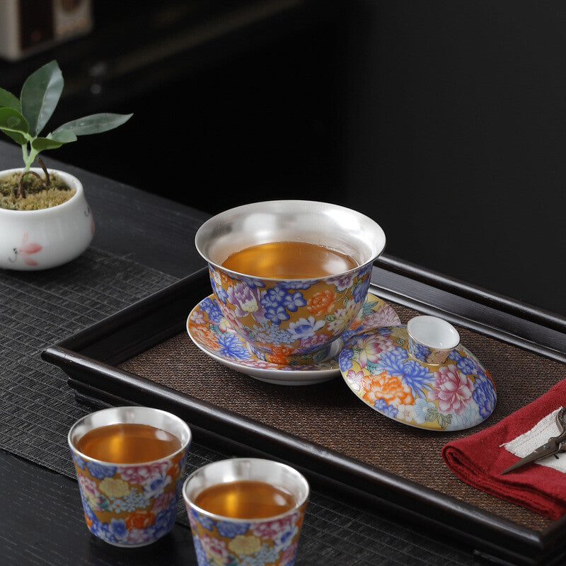 Enamel Craft Complete Tea Set Pure Silver Porcelain Gaiwan Tea Pot Cup Pitcher