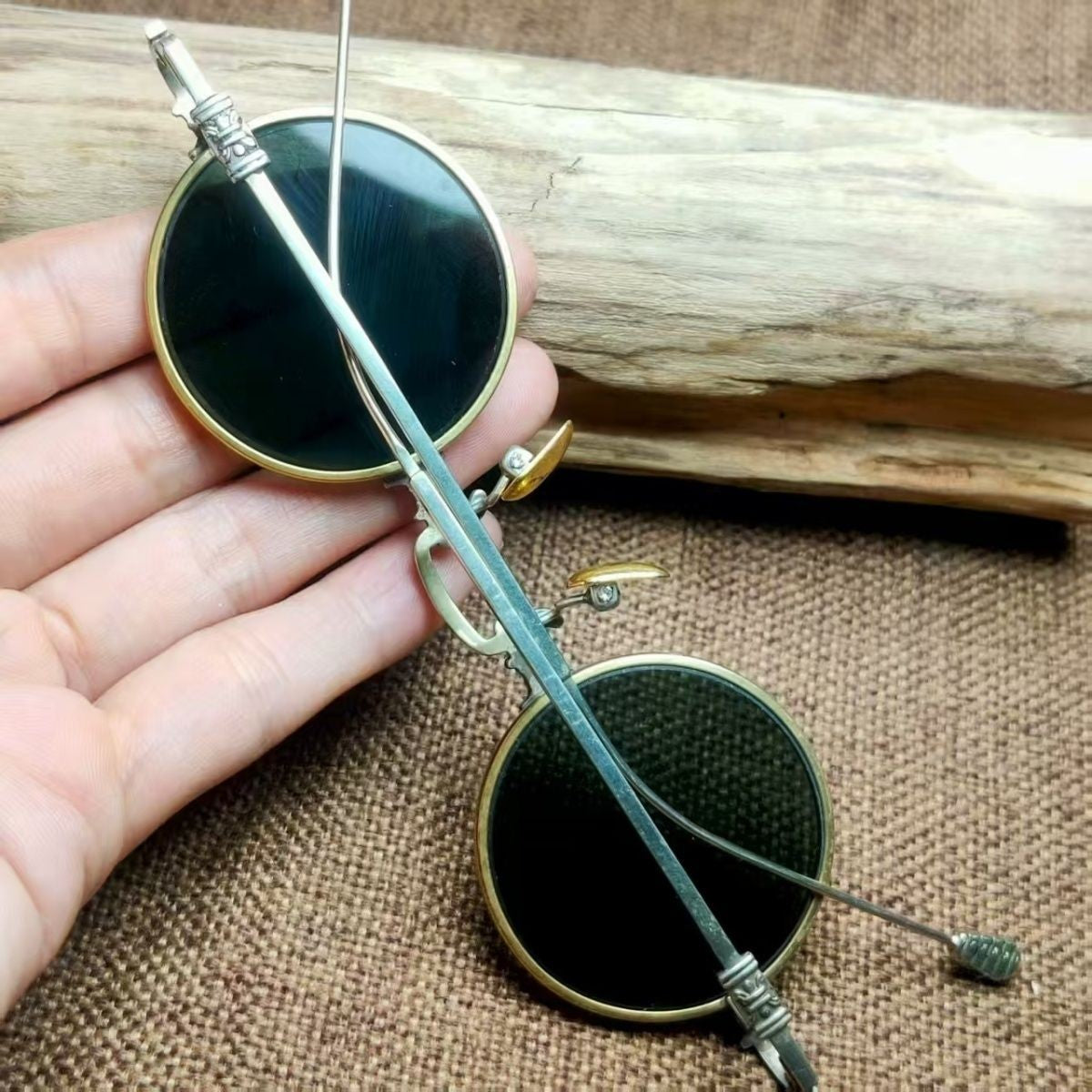 Antique Vintage Copper Frame Crystal Stone Round Eyeglasses Brown Sunglasses
