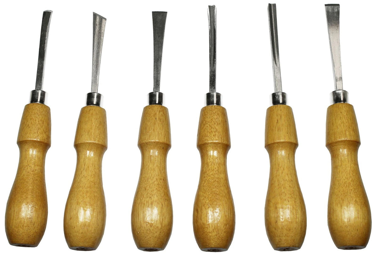 6-Piece Woodcarving Tool Set - Straight, Curved, & Skew Chisel, Curved Gouge & V