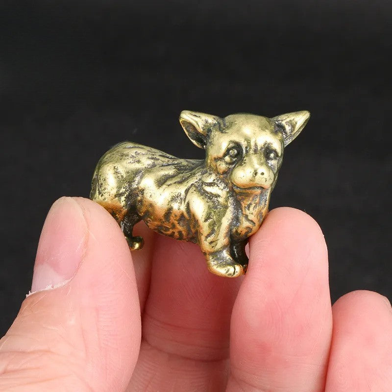 Solid Brass Puppy Corgi Figurine Miniature Tea Pet Craft Desktop Small Ornament