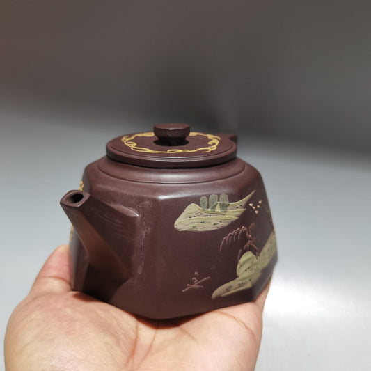 Chinese Yixing Zisha Clay Handmade Exquisite Teapot(八方泥绘壶 底款:金鼎商标)