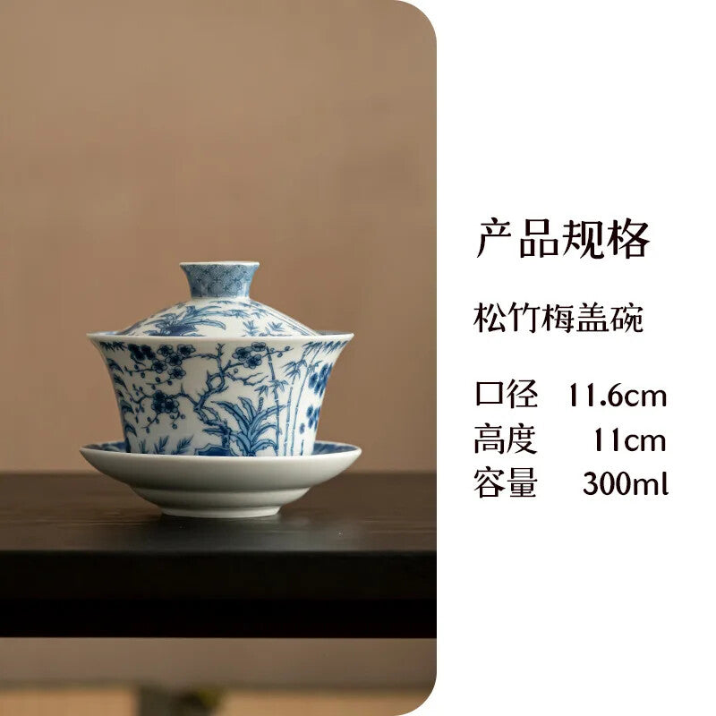 Teaware with Blue and White Gaiwan,Saucer Tea Tureen, Chinese Tea Maker Cover