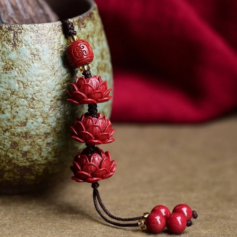 Buddhism Cinnabar Lotus Key Chain Organic Jewellery Carved Fashion Chinese