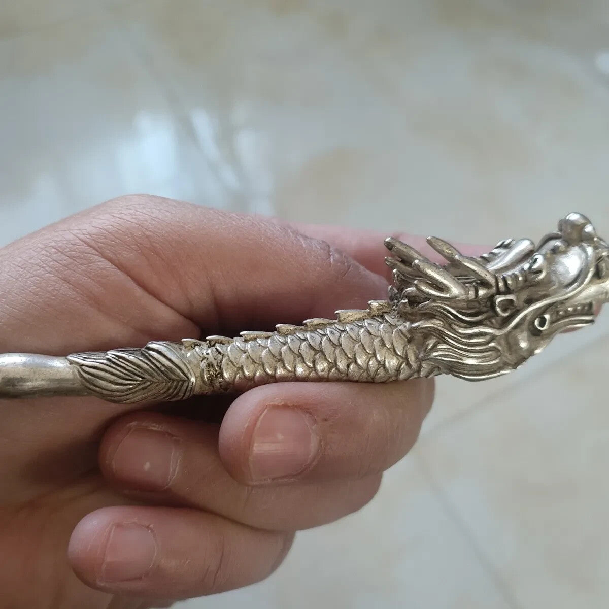 China Tibetan Copper Dragon Head Pipe Smoking Tool Statue Tobacco Smoking Tool