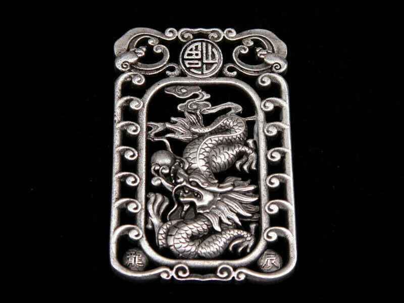 Tibetan Silver Highly Detail Crafted Pendant Zodiac Dragon w/ Bats Blessing FU