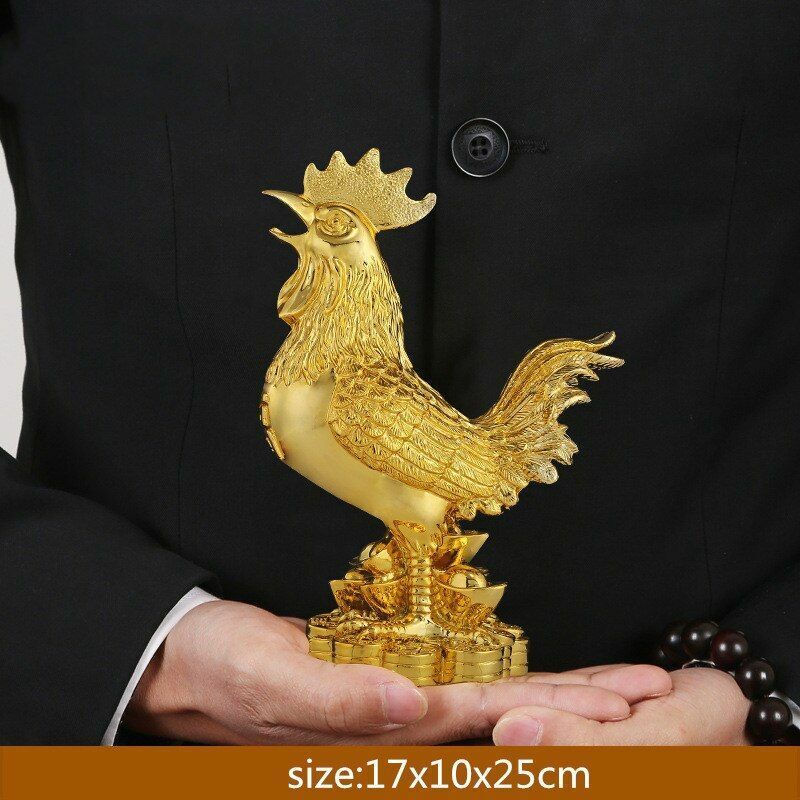 Chicken Figurine Gold Plating Lucky Cock Home Decoration Resin Statue 26x14x38cm