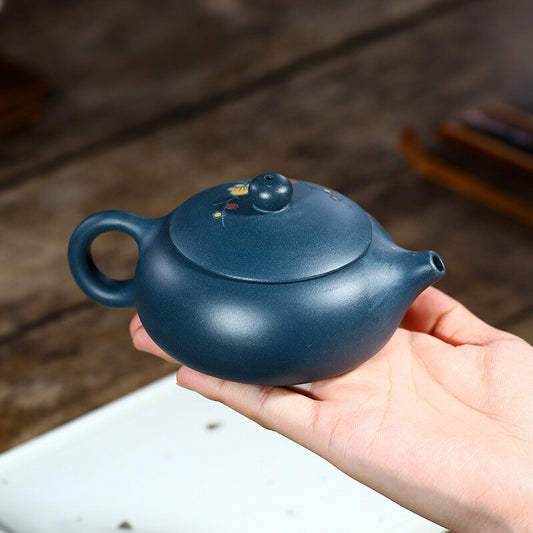 Chinese Yixing Zisha Pottery Celeste Clay 200ML Plum Blossom Flat Xishi Teapot