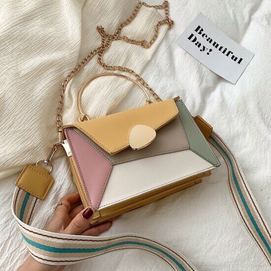 Contrast PU Leather Shoulder Messenger Bag Handle Strap Portable Bag