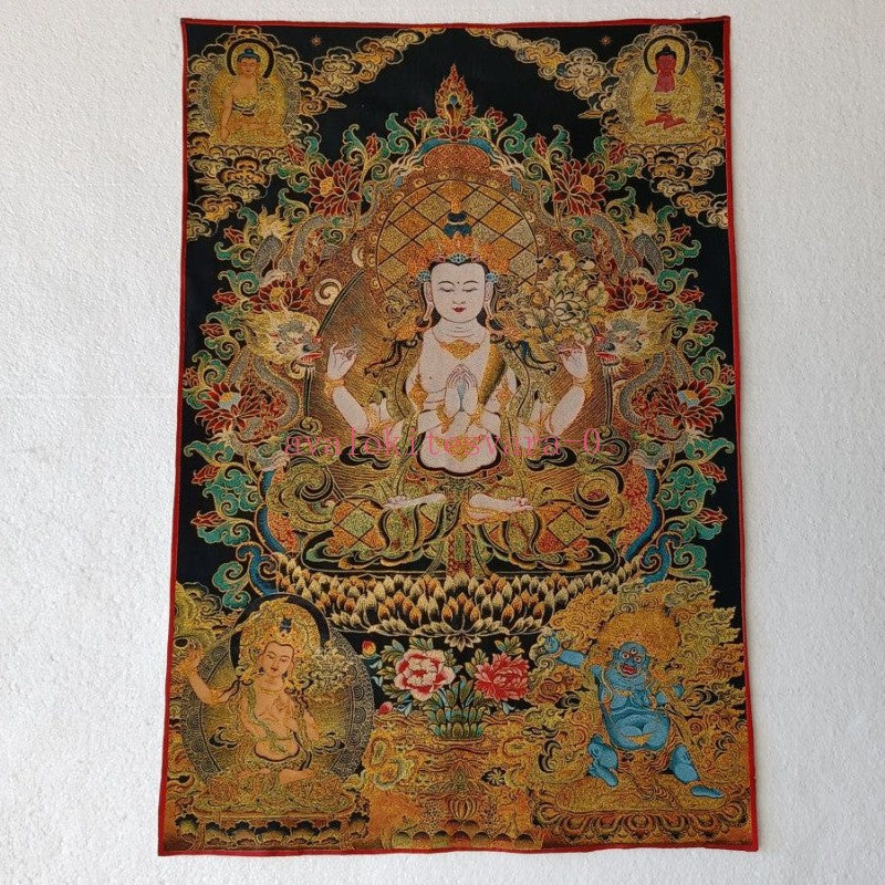 New Handmade Embroidery Four Arms Guanyin Bodhisattva Buddha Statue Painting