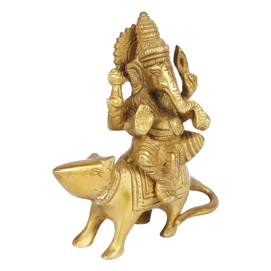Brass Ganesha Sitting on Mooshak Mouse Idol Statue Decor Figurine
