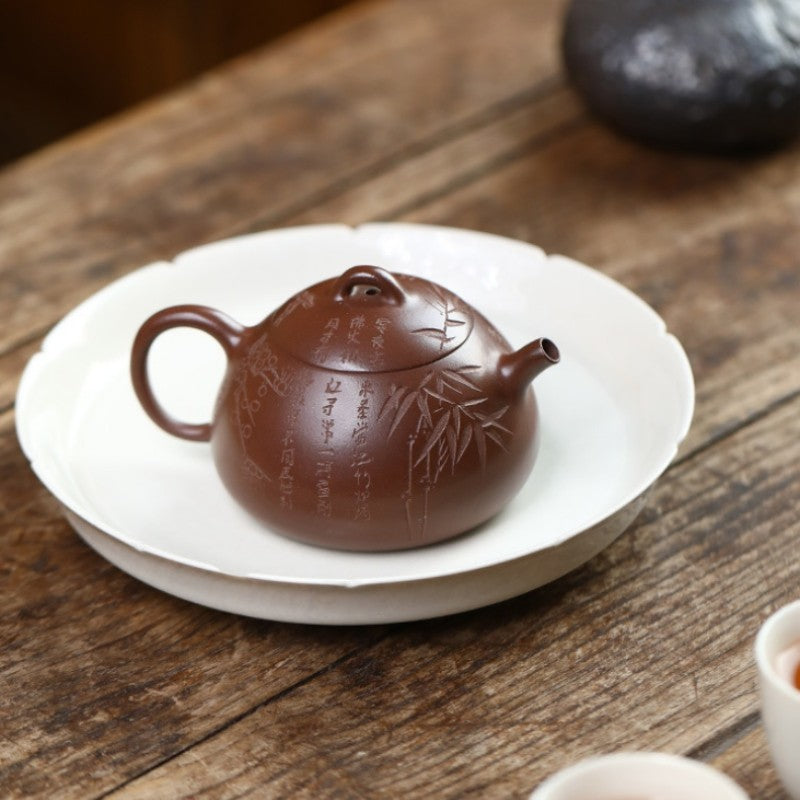 Handmade Tea Pot Hand Carved Real Yixing Zisha Qinquan Pot Chinese Kungfu Teapot